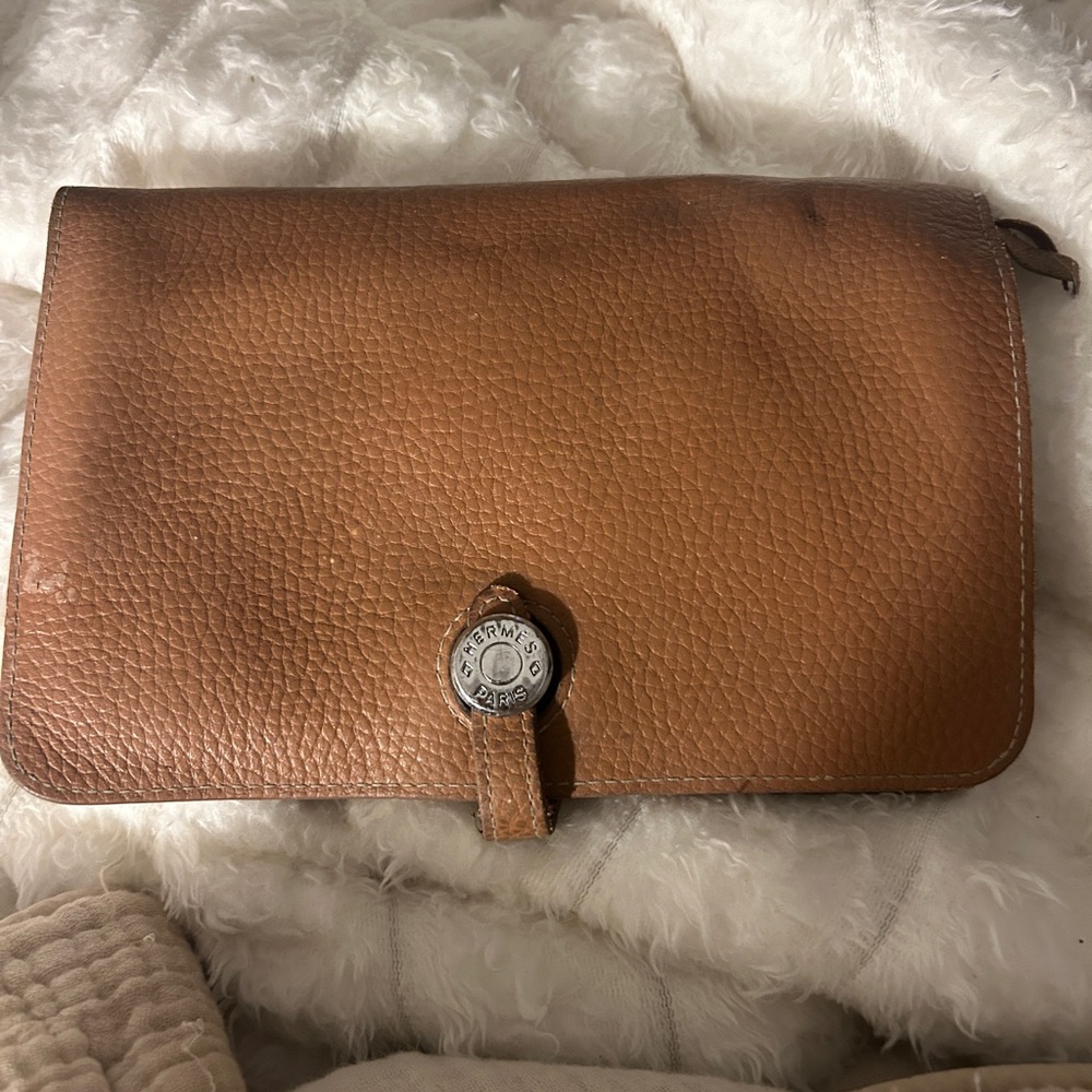 Hermes Tan Leather Clutch with Silver Detail